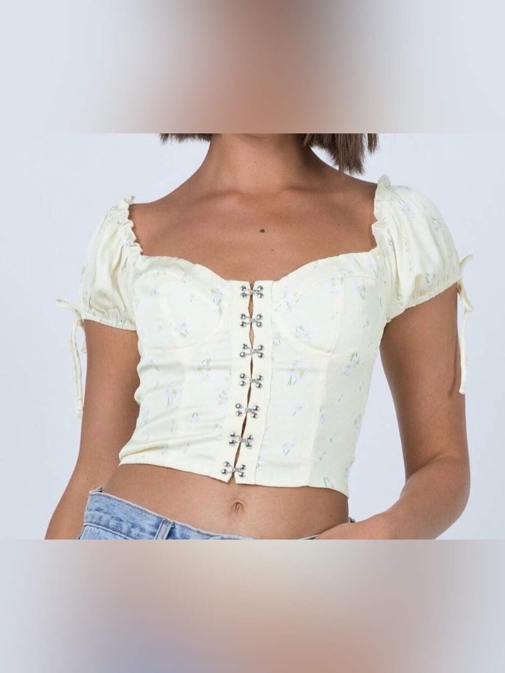 Princess Polly Cream Floral Puff Sleeve Top